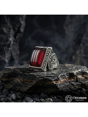 Design Ottoman Kuyumculuk Kehribar Taşlı Yarma Gümüş Erkek Yüzük