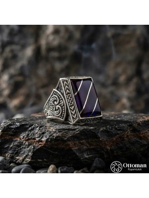 Design Ottoman Kuyumculuk Kehribar Taşlı Yarma Gümüş Erkek Yüzük