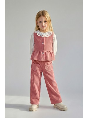 Magu Kız Çocuk Pamuklu Gül Kurusu Kalp Detaylı Bayramlık Takım - 3'lü Bluz Yelek Pantolon