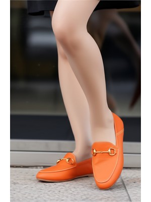 Hakiki Deri Gold Tokalı Kadın Loafer Ayakkabı - Turuncu