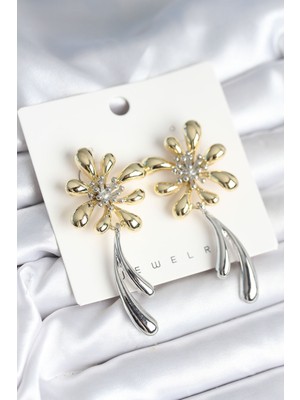 BT Teknik Çiçek Model Gold Gümüş Renk Kadın Küpe