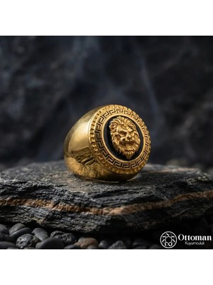 Design Ottoman Kuyumculuk Gold Kaplama Aslan Gümüş Erkek Yüzük