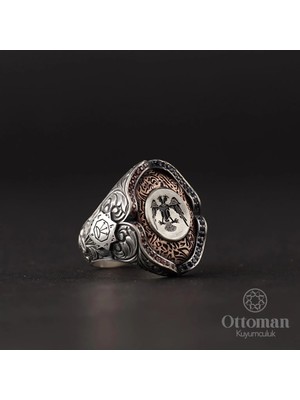 Design Ottoman Kuyumculuk Desenli Çift Başlı Kartal Gümüş Erkek Yüzük