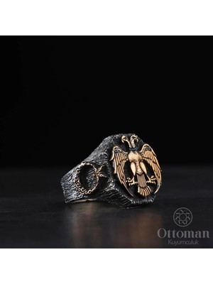 Design Ottoman Kuyumculuk Sade Tasarım Çift Başlı Kartal Gümüş Erkek Yüzük