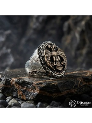Design Ottoman Kuyumculuk Çift Başlı Kartal Gümüş Yüzük