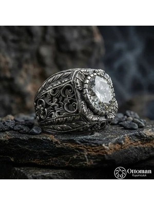 Design Ottoman Kuyumculuk Mozanit Taşlı Gümüş Erkek Yüzük