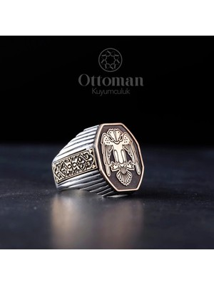 Design Ottoman Kuyumculuk Çift Başlı Kartal Gümüş Erkek Yüzük