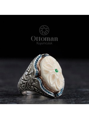 Design Ottoman Kuyumculuk El Işi Fil Dişi Detaylı Gümüş Erkek Yüzük