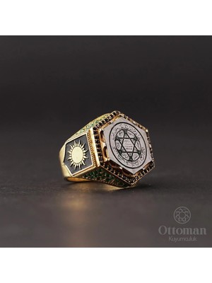 Design Ottoman Kuyumculuk Gold Kaplama Süleyman Mührü Gümüş Erkek Yüzük