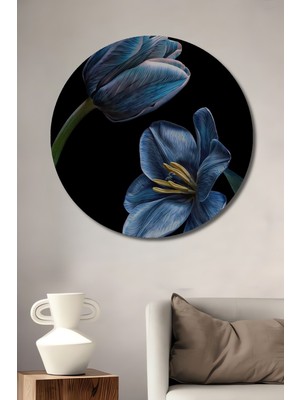 Teona Ahşap Dekoratif Ahşap Yuvarlak Tablo Mavi Laleler