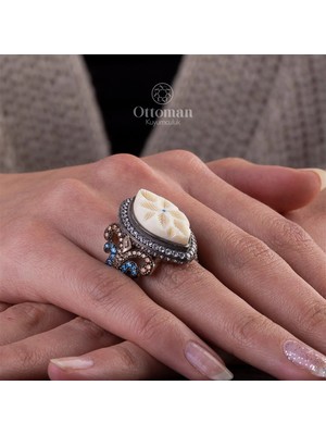 Design Ottoman Kuyumculuk Fil Dişi Detaylı Gümüş Kadın Yüzük