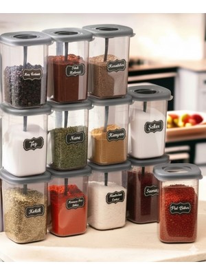 Celsen Home 12'li 450ML Kendinden Kaşıklı Kilitlenebilir Kapaklı Baharatlık Seti 450ML 25 Adet Etiket Hediyeli