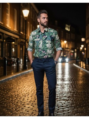 Yusgos Uzun Kollu Pamuklu Retro Desenli Regular Fit Erkek Gömlek