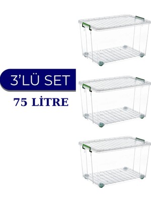 Loremp Tekerlekli Saklama Kutusu 75 Litre Şeffaf 3 Adet Saklama Kabı Mutfak/banyo Çok Amaçlı
