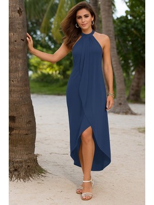 Beruflic Kadın Omuzlardan Açık Boyundan Geçmeli Asimetrik Kesim Detaylı Viskon Elbise