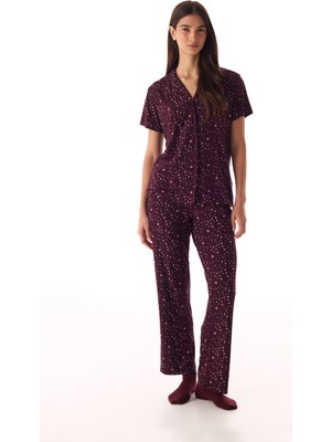 Penti Bordo Leopard Rib Gömlek Pantolon Pijama Takımı