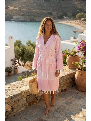 Karani Home Püsküllü Kapüşonlu Banyo Sauna Havuz Plaj Kadın Erkek Unisex Cepli Pamuklu Peştamal Bornoz