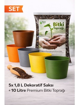 Plant Home Power Mix 5’li 1,8 L Dekoratif Kırılmaz Saksı Seti + 10 L Premium Bitki Toprağı (Cocopeat & Perlitli)