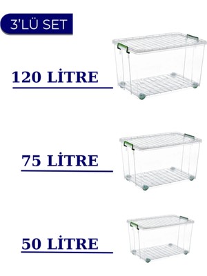 Loremp Tekerlekli Saklama Kutusu 3'lü Set 120 Lt - 75 Lt - 50 Lt Ayakkabı/mutfak/banyo Düzenleme