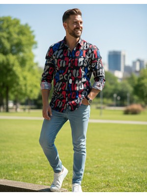 Yusgos Uzun Kollu Pamuklu Harf Desenli Regular Fit Erkek Gömlek