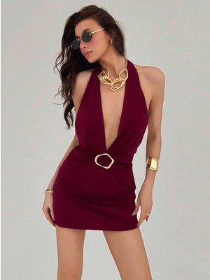 Beruflic Kadın Bordo Aksesuar Detaylı Boyundan Bağlamalı Şık Tasarım Fantezi Elbise 5140