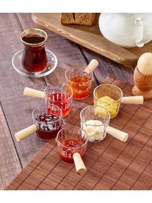Celsen Home 6'lı Ahşap Saplı Mıka Reçellik Sosluk Sofra Sunum Kahvaltı Seti - Ahşap Saplı Sunumluk 80 ml