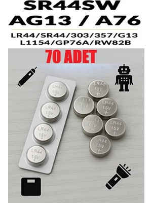 Derwell 70 Adet 70'li AG13/LR44/A76/357A/V13GA 7 Kartel Düğme Pil Hesap Makinesi/terazi/saat/oyuncak/garaj Pili Yuvarlak Pil