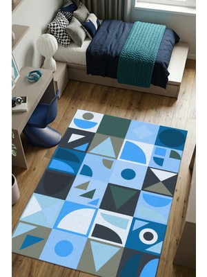 The Reef Design The Reef Mavi Geometrik Desenli Halı Dijital Baskılı Dokuma Kaymaz Tabanlı Yıkanır Oturma Odası Halısı