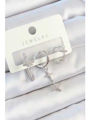 BT Teknik Pirinç Zirkon Taşlı Kelebek ve Sallantılı Yıldız Model Gümüş Renk 3'lü Çift Kadın Küpe Set