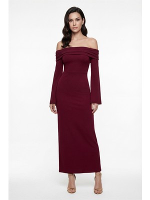 Lafaba Kadın Bordo Carmen Yaka Şık Gece Abiye Elbise