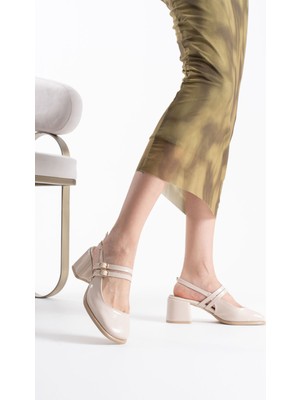 Roof Atelier Faye Bej Rugan Arkası Açık Kalın Topuklu Ayakkabı