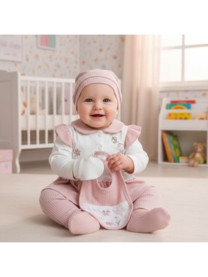 Milays Kız Bebek 0-3 Ay Organik Pamuktan Çiçekli Mantar  Nakışlı 5li Hastane Çıkış Zıbın Seti