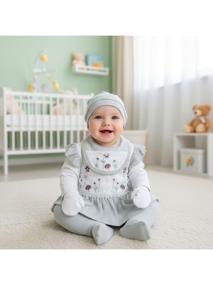 Milays Kız Bebek 0-3 Ay Organik Pamuktan Çiçekli Mantar  Nakışlı 5li Hastane Çıkış Zıbın Seti