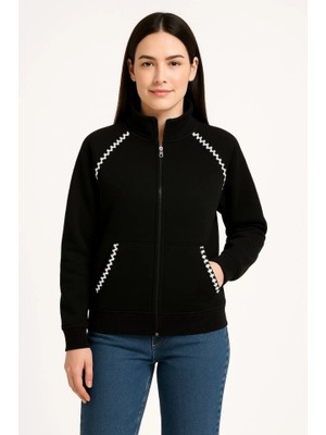 End Black Store Oversize Dik Yaka Fermuarlı Sweatshirt - Zincir Nakışli Kanguru Cepli, - Siyah