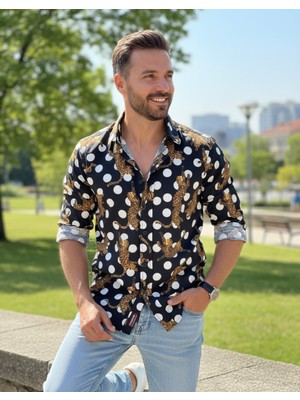 Yusgos Uzun Kollu Pamuklu Kaplan Desenli Regular Fit Erkek Gömlek