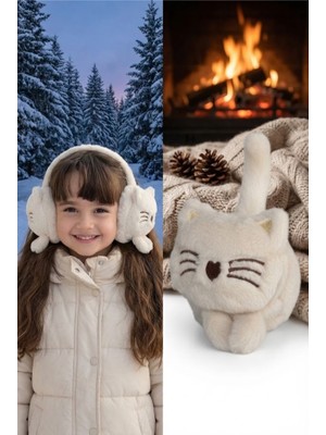 Krem Renk Kedi Figürlü Peluş Kulaklık - Yumuşak Dokulu Kışlık Çocuk ve Kadın Kulak Isıtıcı