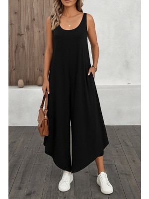 Beruflic Kadın Askılı Yuvarlak Yaka Cepli Salaş Uzun Viskon Tulum