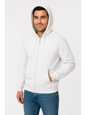 Beruflic Erkek Üç Iplik Kapüşonlu Tam Fermuarlı Kanguru Çepli Sweatshirt Hoodie - Beyaz