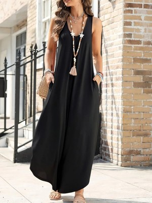 Beruflic Kadın Askılı Yuvarlak Yaka Cepli Salaş Uzun Viskon Tulum