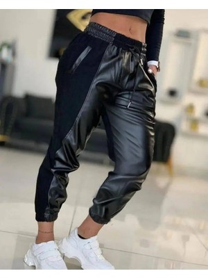 Beruflic Kadın Yüksek Bel Lastikli Cepli Deri Detaylı Dalgıç Pantolon