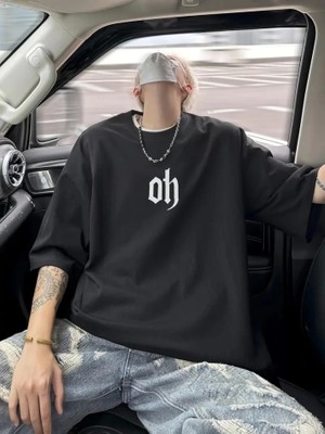 Beruflic Baskılı Oversize Bisiklet Yaka T-Shirt - Siyah
