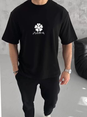 Beruflic Unisex Bisiklet Yaka Baskılı Oversize T-Shirt - Siyah