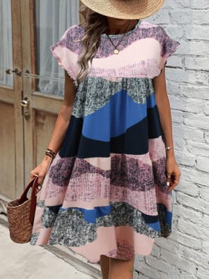 Beruflic Kadın Kısa Kollu Bisiklet Yaka Kare Desenli Dalgıç Elbise