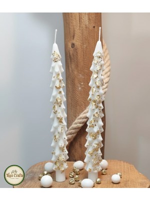 Dekoratif Yılbaşı Mum Şamdan Çam Ağacı Şamdan Mum Beyaz Altın Varaklı Vanilya Kokulu 2 Li Set