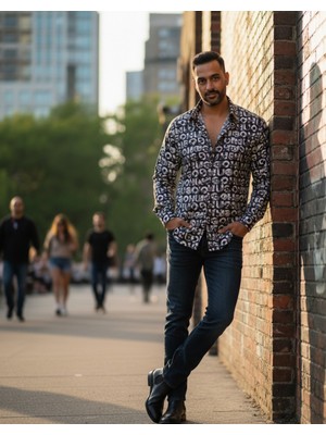 Yusgos Uzun Kollu Pamuklu Harf Desenli Regular Fit Erkek Gömlek