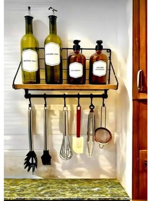 Brentino Metal Askılıklı Kahve Köşesi Rafı Ahşap Üst Raf 6 Kancalı Duvar Rafı Fincan Askısı 42CM