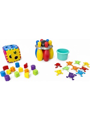 Uniqlion 3'lü Oyuncak Seti (Bowling - Bul-Tak Küp - Zıplayan Kurbağa)