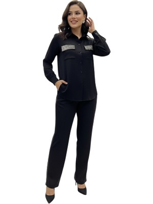 Pureva Saten Taşlı Kadın Gömlek Pantolon Takım – Şık ve Zarif Tasarım