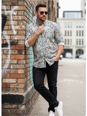 Yusgos Uzun Kollu Pamuklu Viskon Şal Desenli Büyük Beden Erkek Gömlek