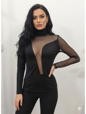 Cottonlab Kadın Uzun Kollu Balıkçı Yaka Önü Asimetrik Transparan Detay Bluz
